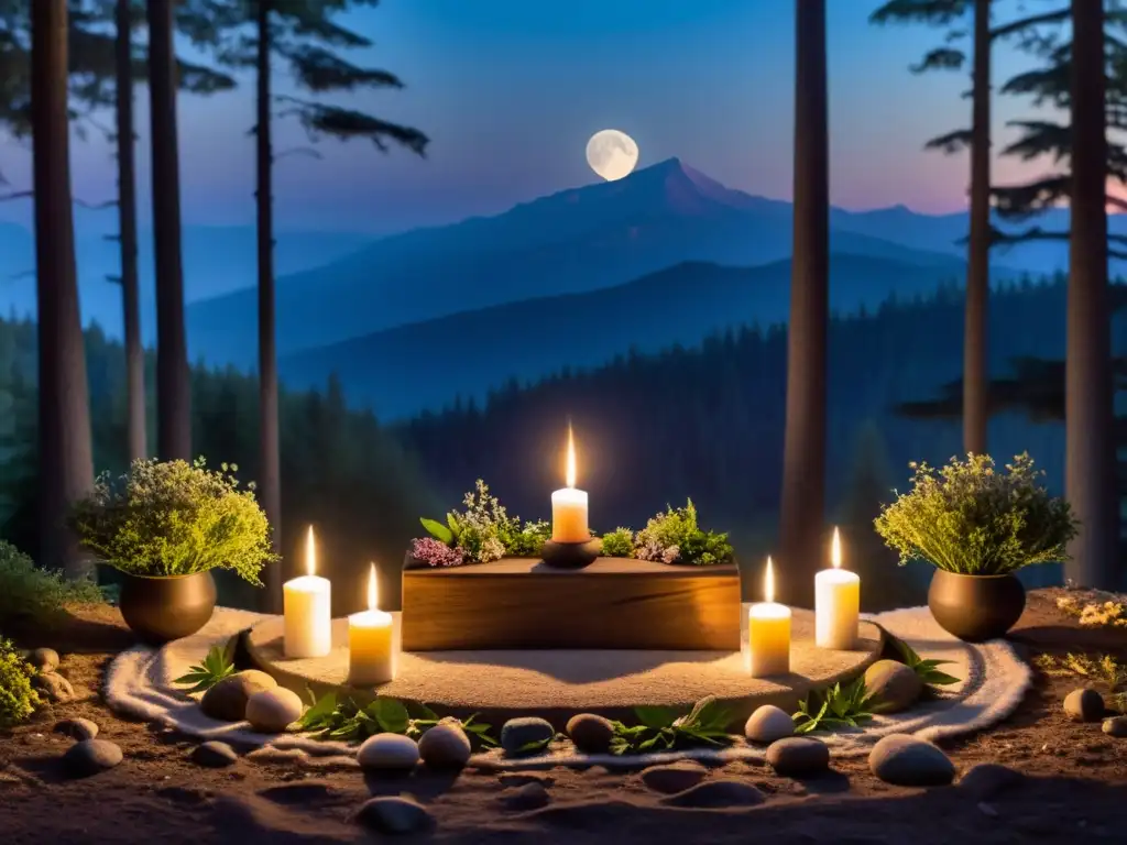 Claro de bosque en luna nueva, altar natural de piedras, ofrendas de hierbas, flores y velas