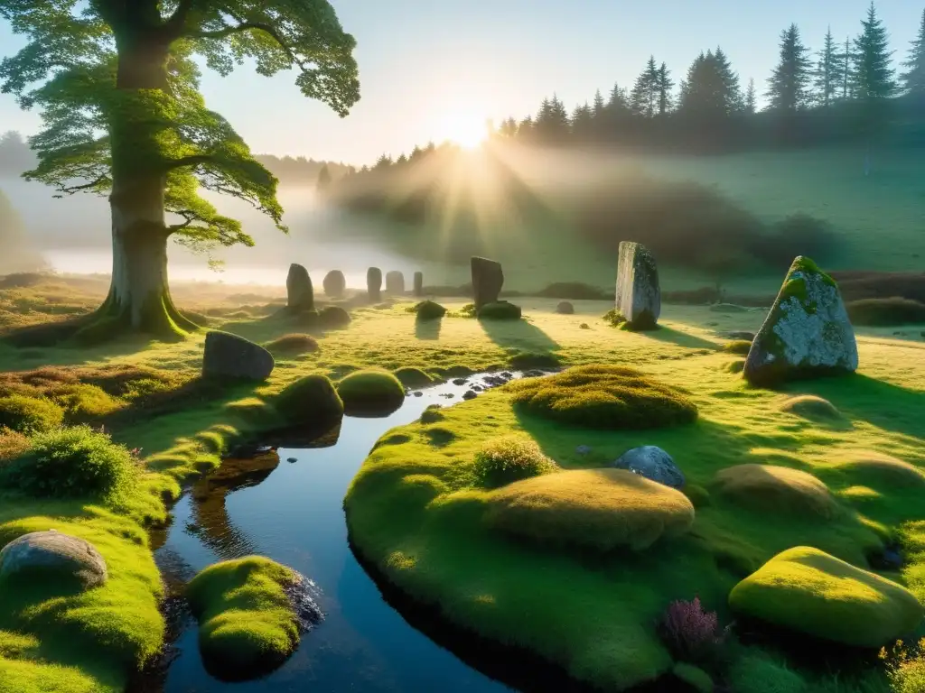 Bosque místico al amanecer: círculo de piedras ancestrales y arroyo Un claro místico en el bosque al amanecer, con antiguas piedras en círculo y un arroyo