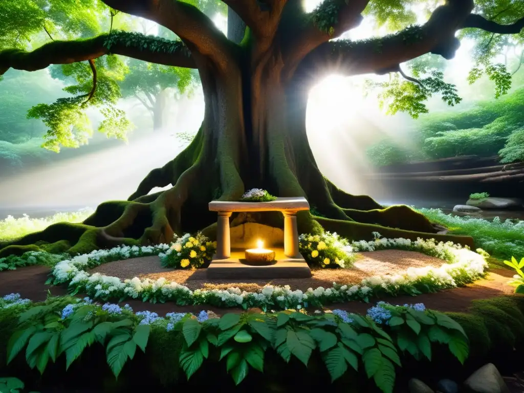 Un claro sereno en el bosque con un altar de piedra entre raíces de un árbol gigante, creando espacios sagrados naturaleza