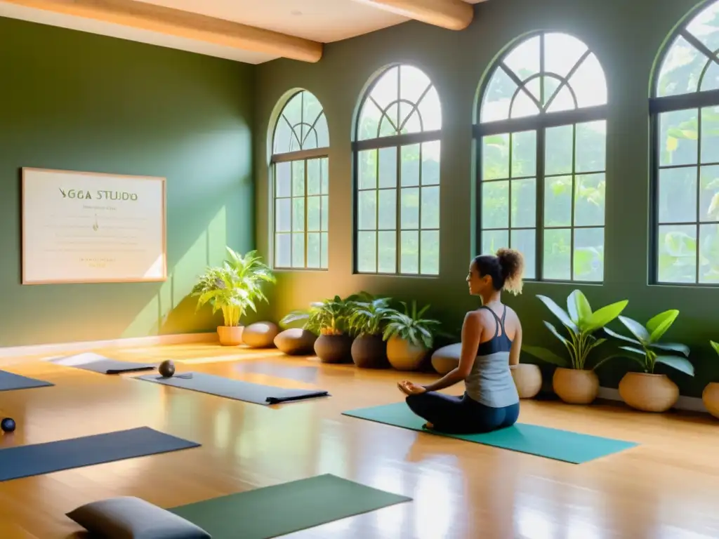 Clase de yoga serena con beneficios del yoga y suplementos ayurvédicos en estudio luminoso y acogedor, lleno de plantas verdes y arte inspirador