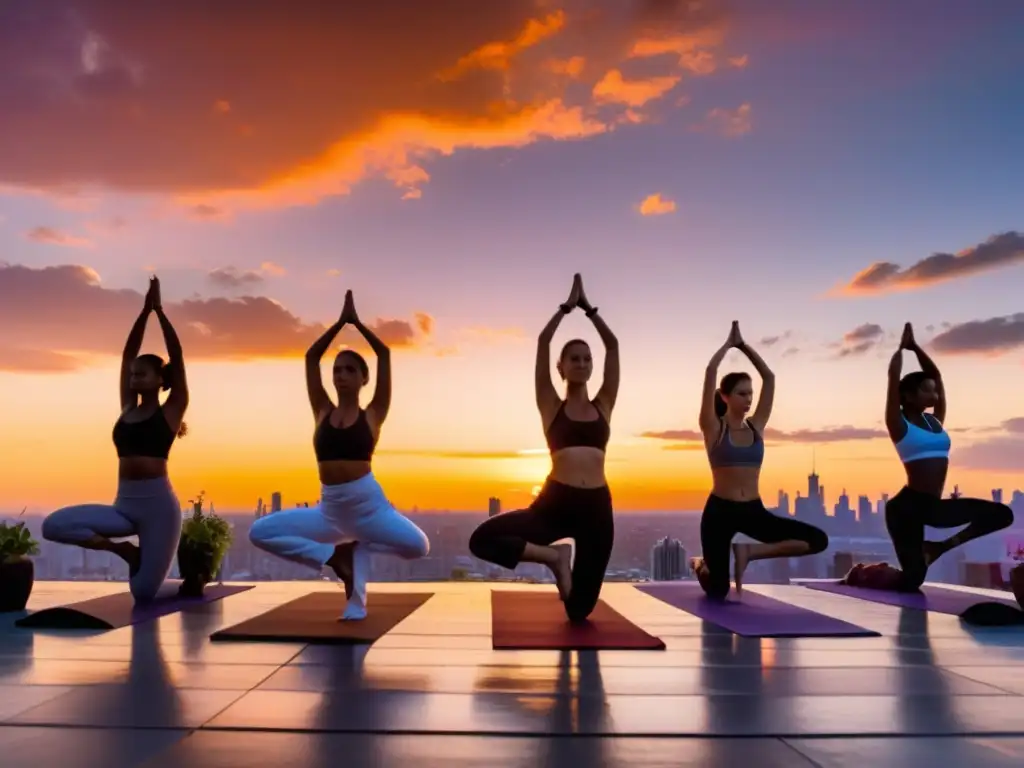 Clase de yoga urbano al atardecer en azotea, con siluetas practicando posturas