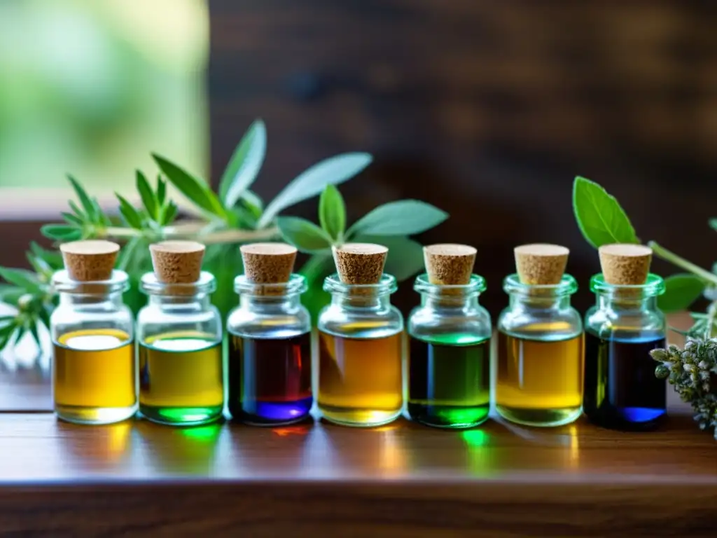 Un close-up detallado de aceites esenciales y hierbas aromáticas en una mesa de madera, exudando serenidad