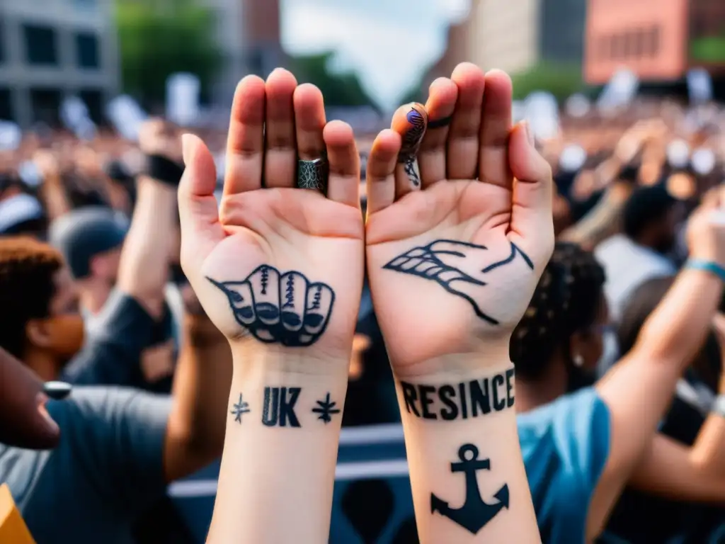 Closeup de manos tatuadas con iconografía de resistencia y señales de protesta