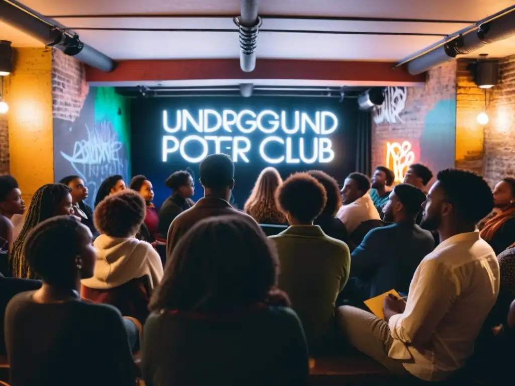 En un club de poesía subterráneo, artistas jóvenes se reúnen para rituales poéticos subcultura spoken word, con expresiones de emoción y creatividad