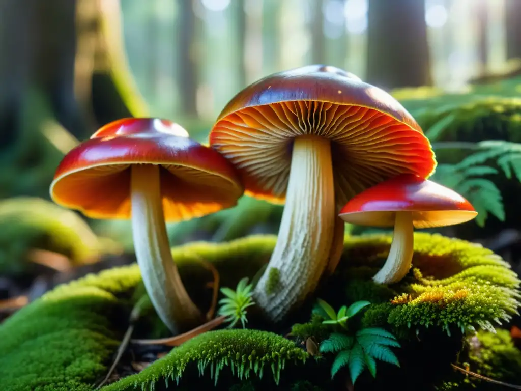 Cluster de reishi rojos y naranjas en el bosque, rodeados de musgo verde y luz solar filtrada