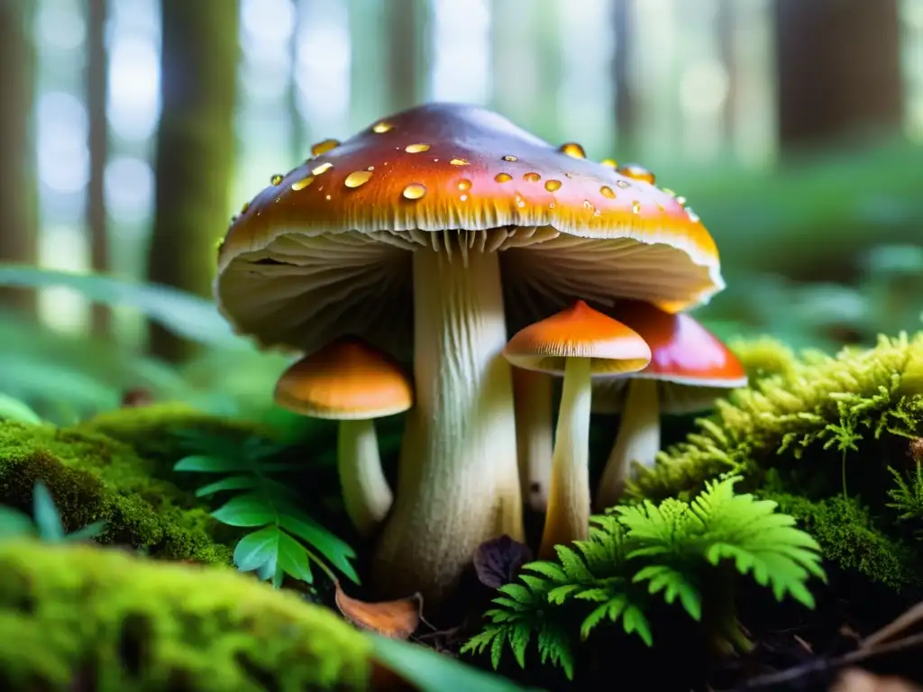 Cluster de superhongos en rituales de sanación, bañados por la luz etérea en un bosque exuberante