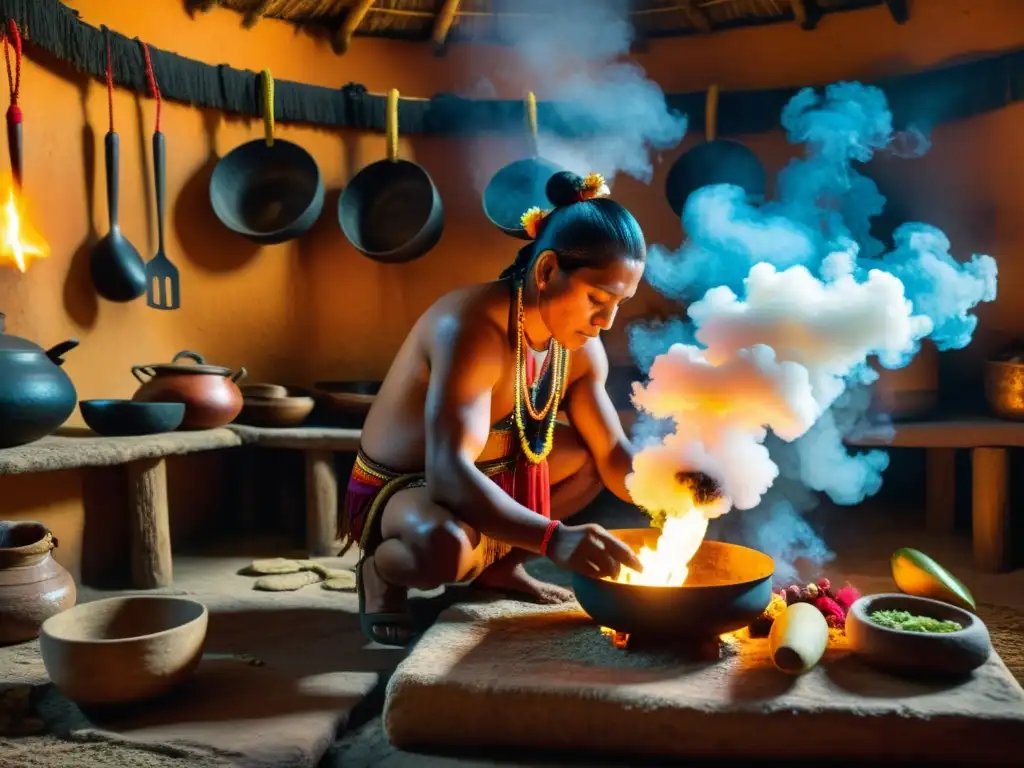 Una cocina maya sagrada, donde un chamán realiza rituales ancestrales mientras prepara alimentos, envuelto en humo de copal