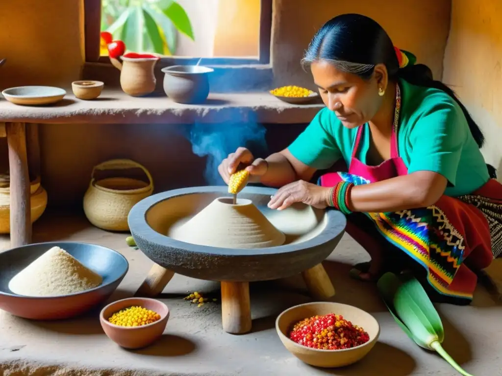 Una cocina mesoamericana tradicional con mujer preparando tortillas, ingredientes vibrantes y murales de rituales culinarios ancestrales significado