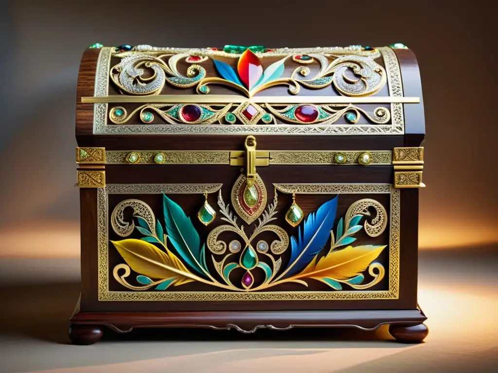 Un cofre de madera tallada con filigranas de oro y plata, plumas coloridas y gemas brillantes