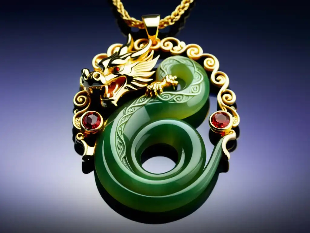 Colgante de jade con dragón y serpiente, adornado con gemas, sobre brocado de seda