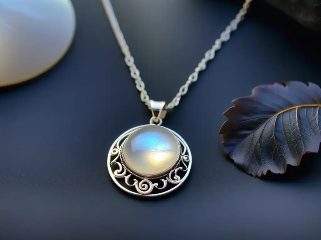 Un collar lunar de plata con piedra iridiscente, reflejando la luz en un diseño místico