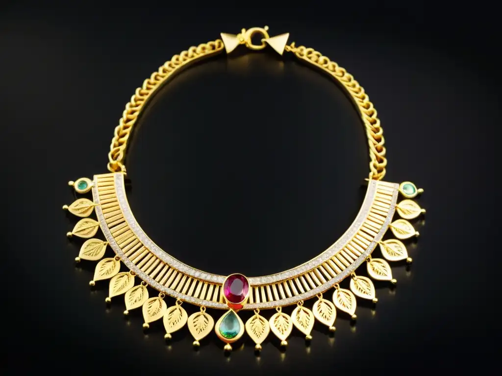 Collar de oro egipcio antiguo con filigrana y gemas, refleja el significado de la joyería en rituales culturales