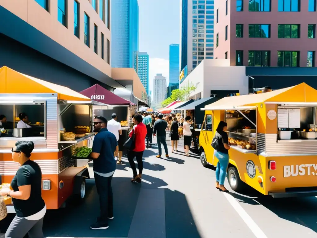 Colorida calle urbana con food trucks y multitud diversa disfrutando rituales gastronómicos urbanos