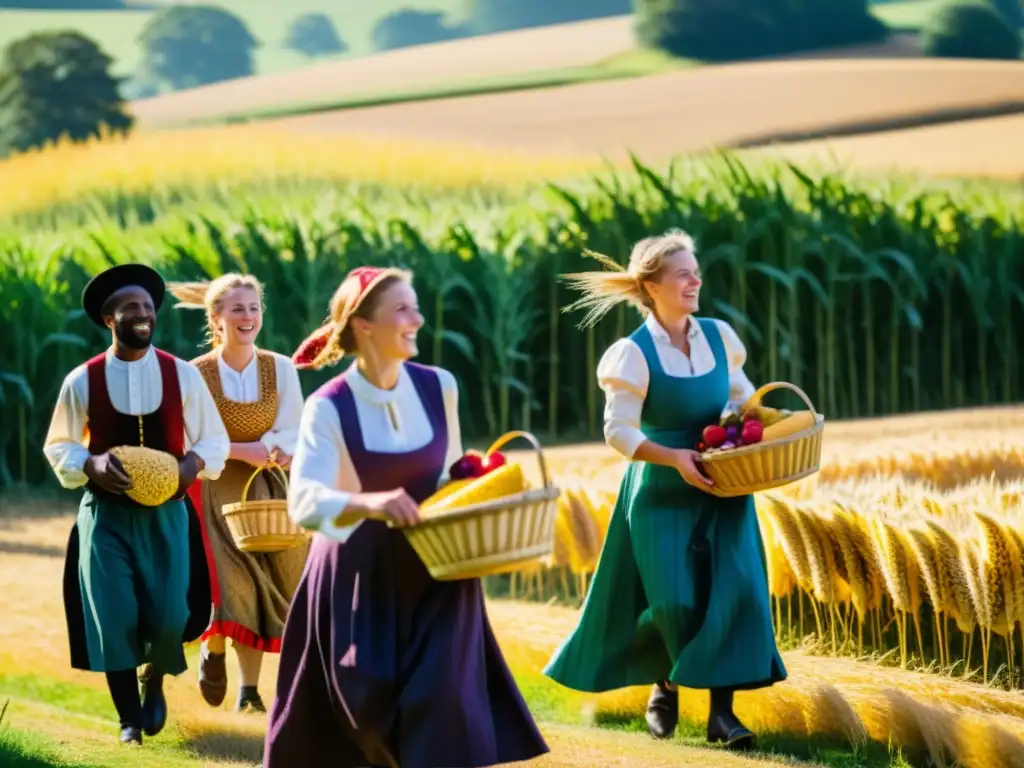 Colorida celebración del Festival de cosecha británico Lammas en el campo, con gente vestida de forma folclórica y cestas de cosecha