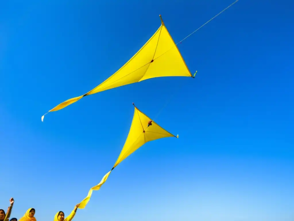 Colorida celebración de Basant Panchami, con cometas amarillas en un cielo azul, irradiando energía primaveral y sabiduría