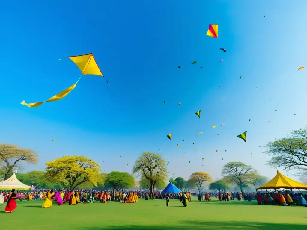 Una colorida celebración de Basant Panchami en un parque, con cometas y flores en un día soleado