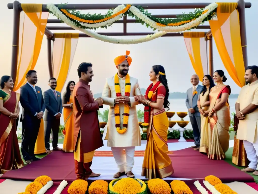 Colorida ceremonia de boda hindú con un enfoque en la planta de Tulsi, rodeada de decoraciones florales y devotos, reflejando el significado y tradición de Tulsi Vivah