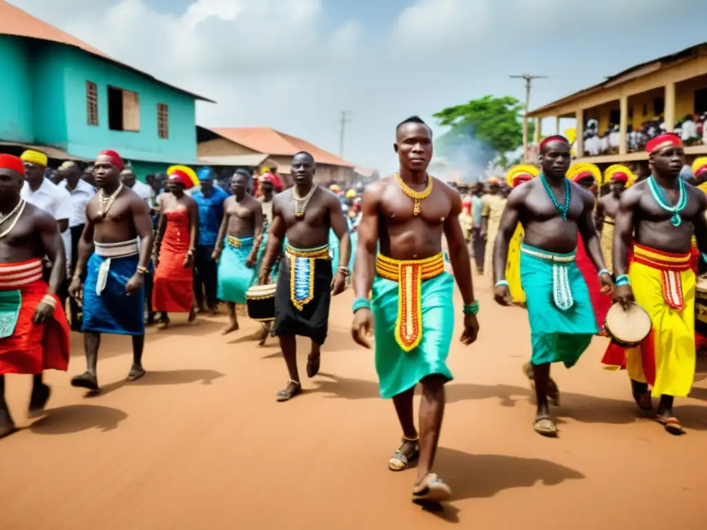 Una colorida ceremonia vudú en el Festival de Ouidah, Benín, con danzas rituales y trajes tradicionales vibrantes