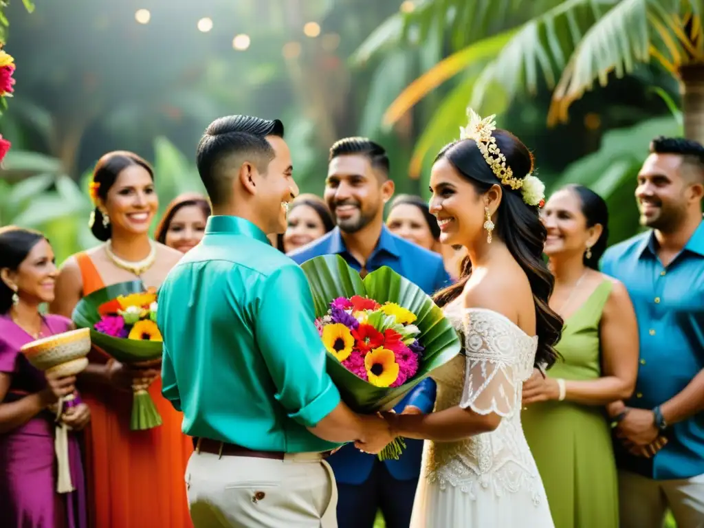 Una colorida ceremonia nupcial en un exótico entorno tropical, fusionando culturas y tradiciones latinoamericanas