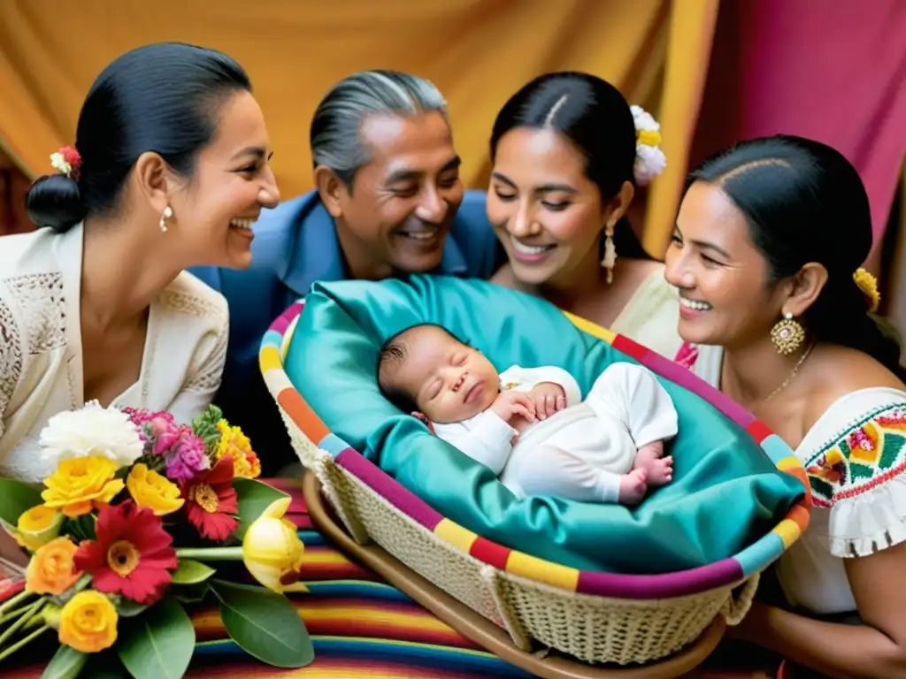 Colorida ceremonia del Ubuñuelo en Colombia: familia tradicional rodea a un bebé en su cuna decorada con flores y textiles