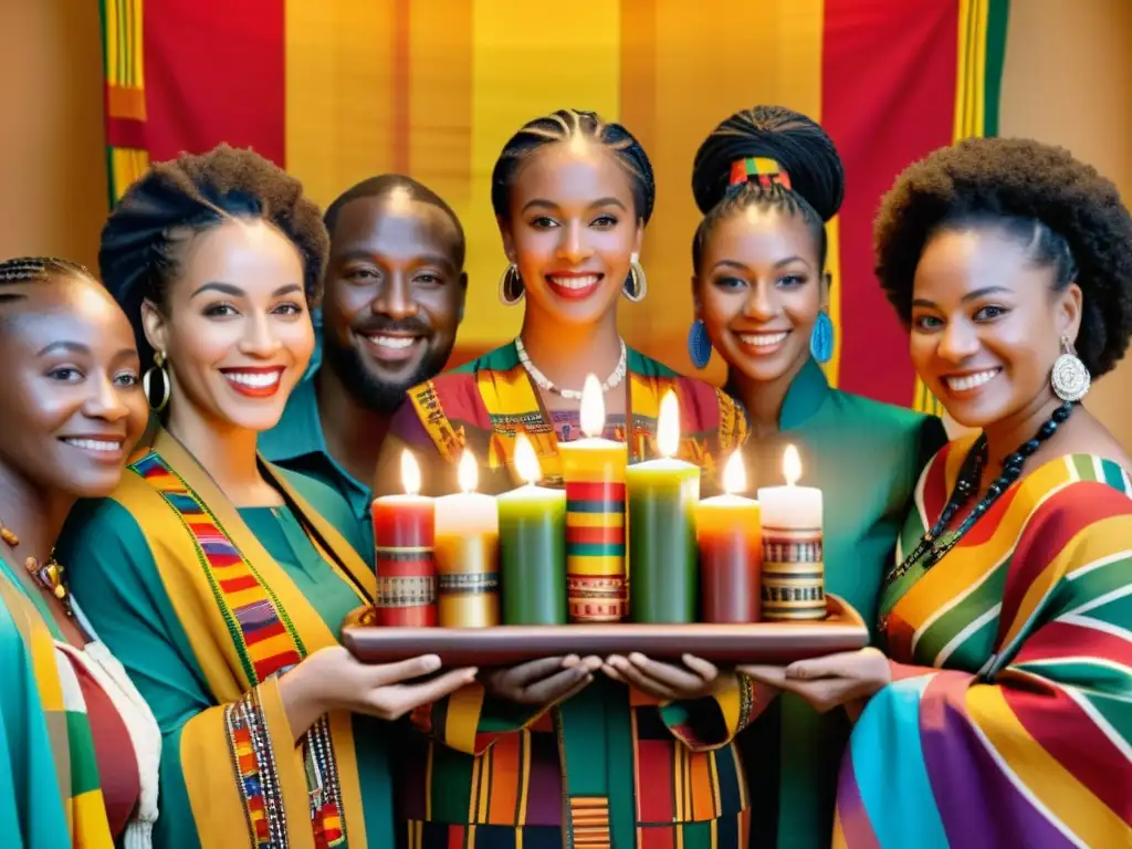 Colorida celebración de Kwanzaa con danza y decoraciones africanas