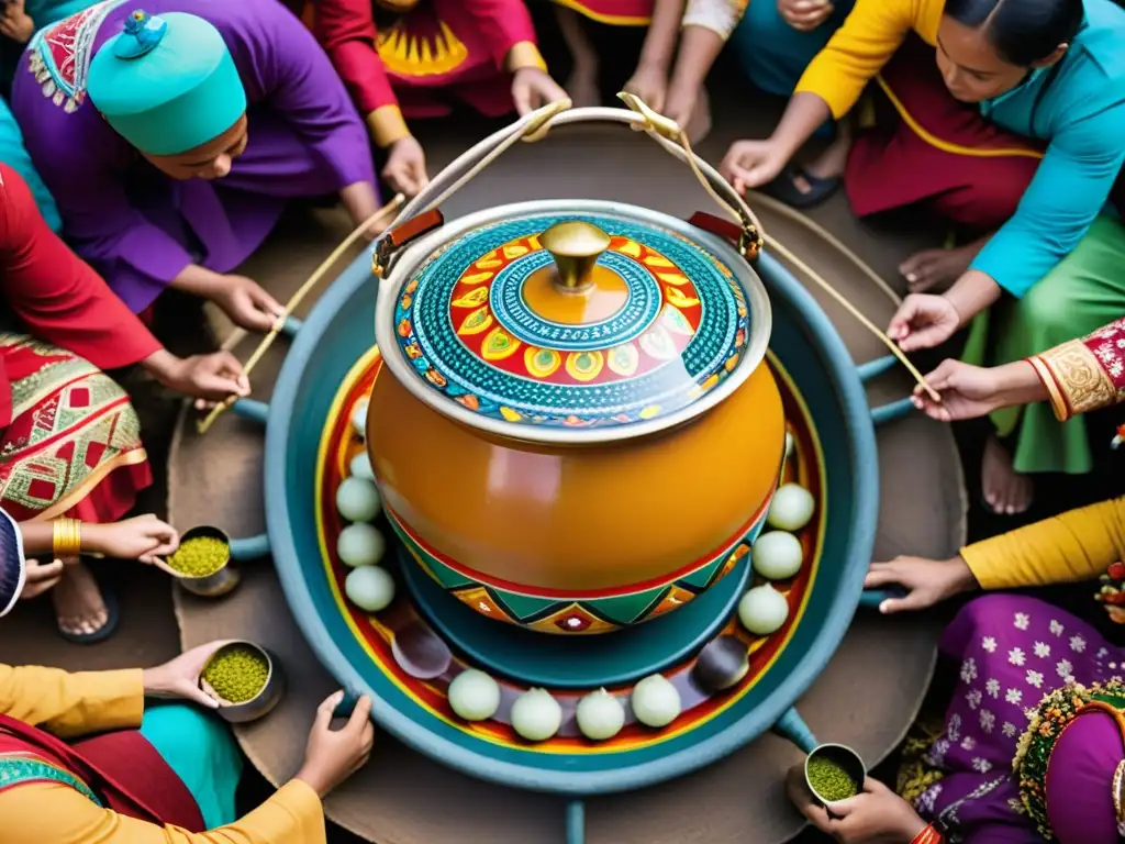 Colorida danza ritual alrededor de platos tradicionales rituales fertilidad, evocando comunidad y celebración