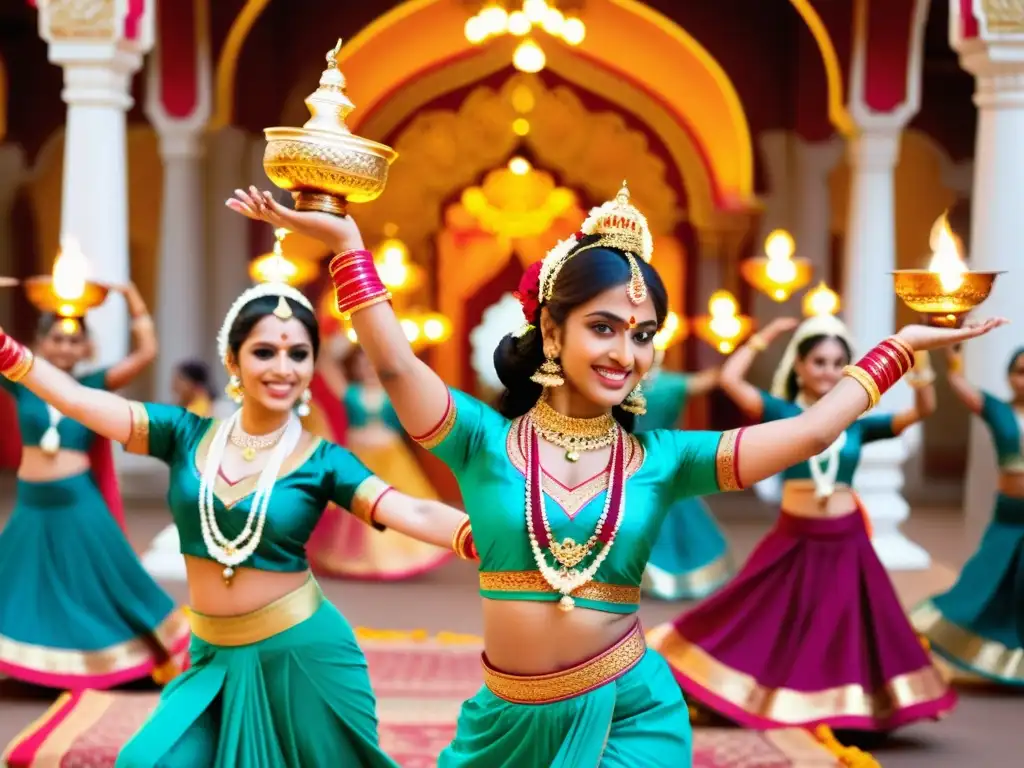 Una colorida danza tradicional india durante el festival de Navaratri, con trajes vibrantes, movimientos gráciles, expresiones faciales y arquitectura de templo