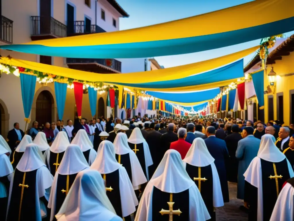 Procesión colorida en La fiesta de la Inmaculada Concepción, con trajes tradicionales, iconos religiosos y devoción