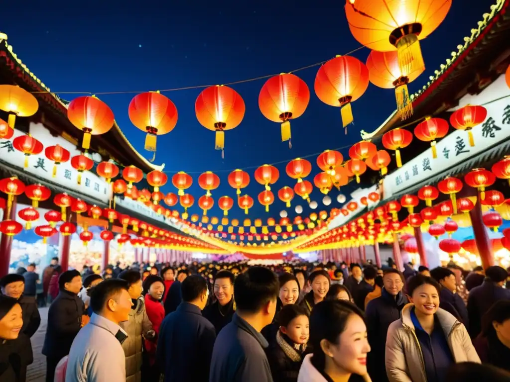 Colorida Fiesta de las Linternas en China, con linternas de dragones y flores iluminando la bulliciosa calle durante la noche