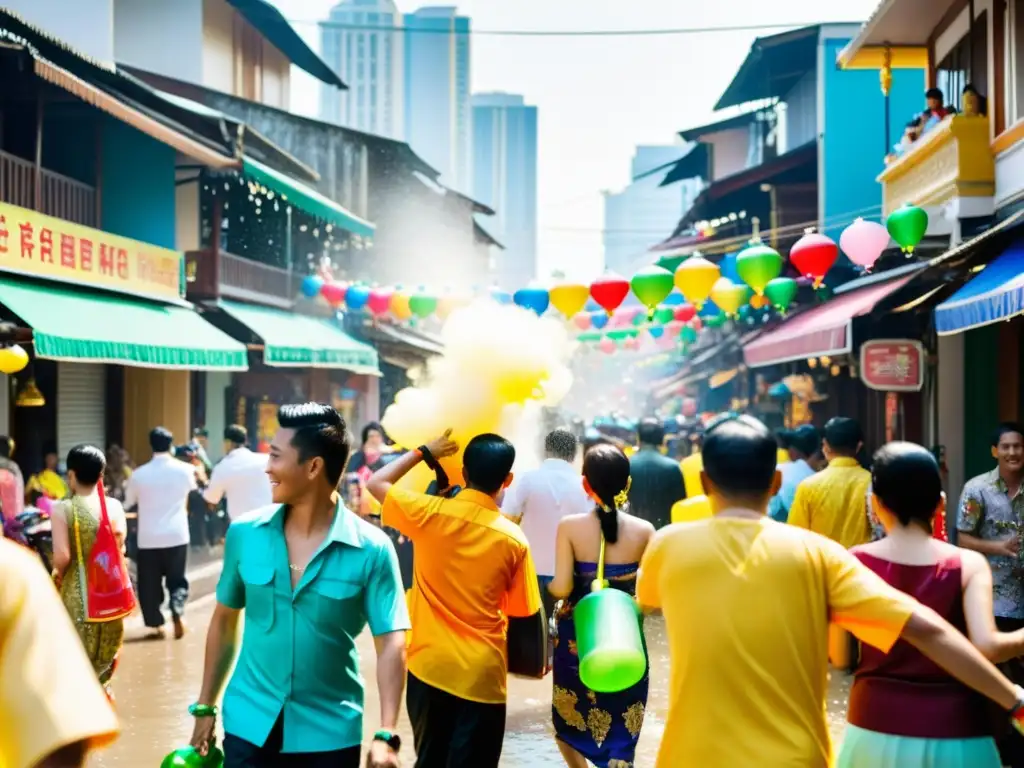 Colorida celebración del Songkran en Tailandia, con gente disfrutando de las ceremonias de Año Nuevo exóticas entre risas y agua