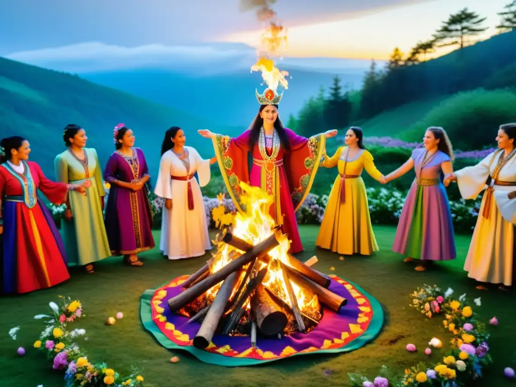 Colorida celebración de Ostara en la naturaleza con baile ritual y altares de primavera