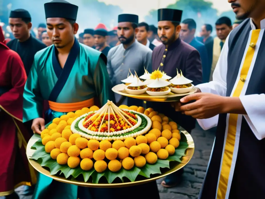 Una colorida procesión religiosa durante un festival con la preparación y consumo de alimentos prohibidos como parte del ritual