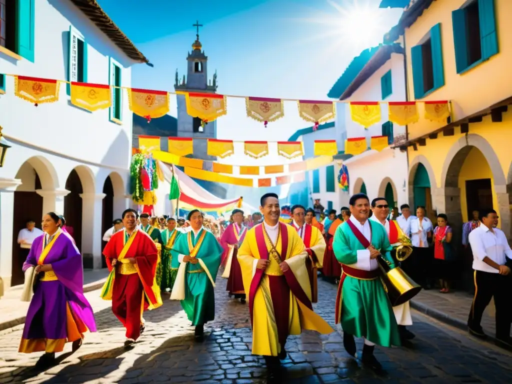 Colorida procesión en un pueblo tradicional, con participantes vestidos de forma tradicional y llevando ornamentos religiosos