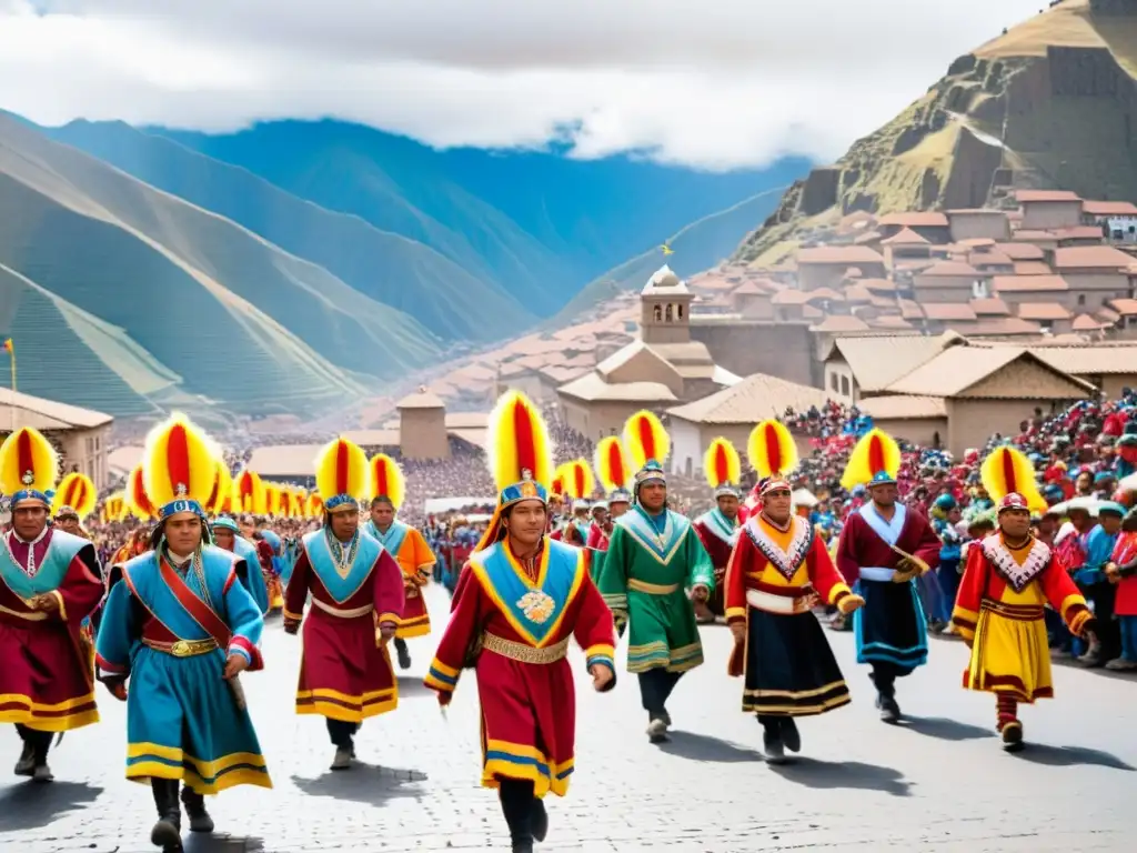 Colorida procesión del ritual solar sagrado corazón Andes en el festival Inti Raymi, Cusco