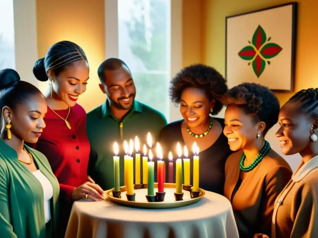 Colorida celebración de Kwanzaa con encendido de velas y sentido de comunidad