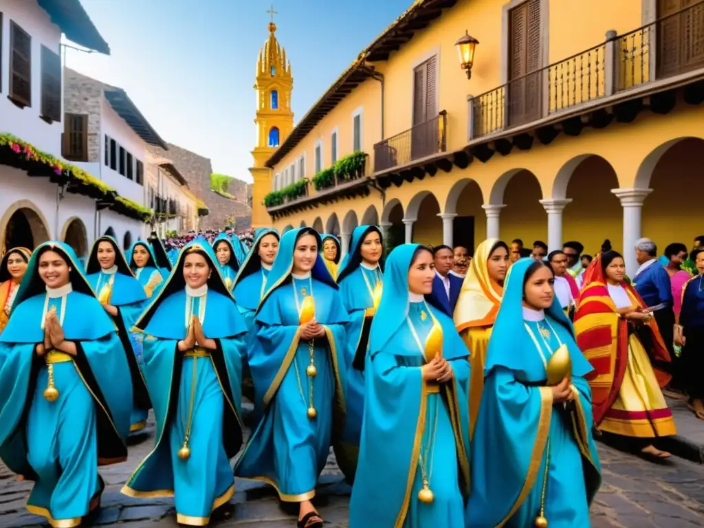 Colorida procesión con vestimenta tradicional y estatuas de la Virgen María, celebra los rituales de la Asunción de María en una calle empedrada