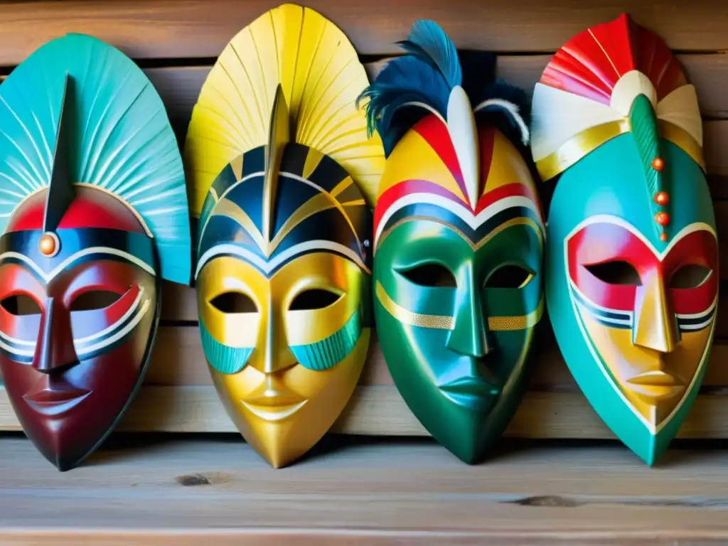 Coloridas máscaras de madera en mesa de Yoruba, con tejidos y plumas, evocan poder ancestral