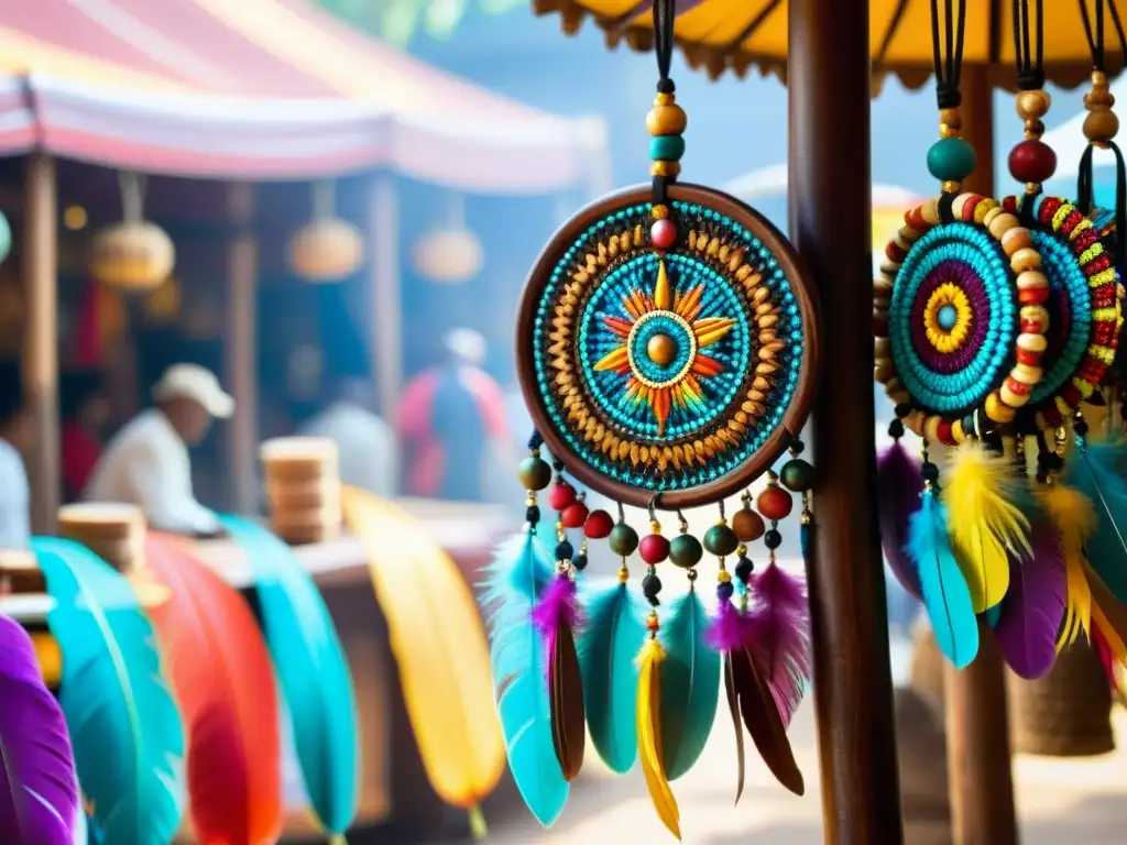 Colorido amuleto de madera en mercado antiguo, economía venta amuletos rituales, vendedores y humo de copal