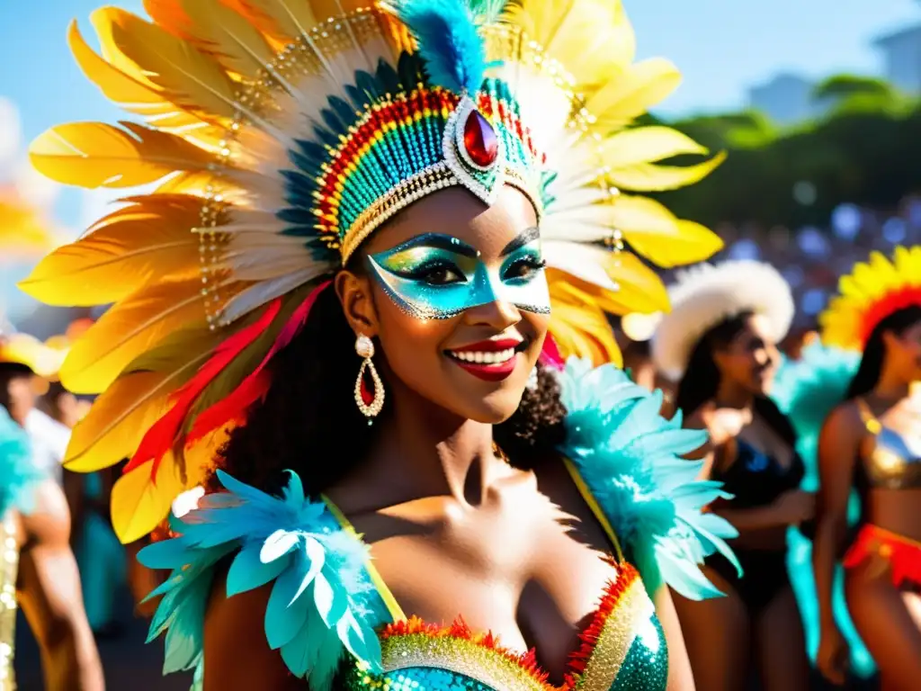 Float colorido con bailarines y música samba durante el Carnaval de Río de Janeiro