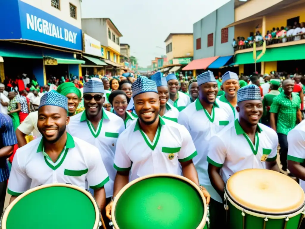 Colorido desfile en las calles de Lagos, Nigeria, celebrando el día de la independencia con trajes tradicionales, música alegre y bailes animados, destacando la significación cultural del día de independencia en Nigeria