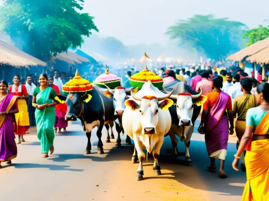 Colorido desfile del festival de la cosecha Pongal en la India, con granjeros y bueyes decorados en un bullicioso pueblo soleado