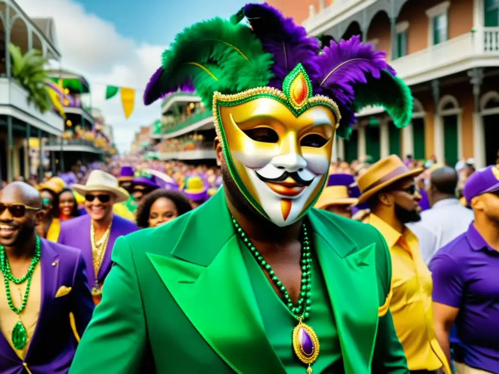 Colorido desfile de Mardi Gras en Nueva Orleans, con trajes elaborados y festiva multitud