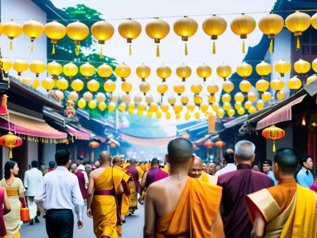 Colorido festival de Vesak en una bulliciosa calle del sudeste asiático, donde la comunidad celebra con música, comida y decoraciones florales