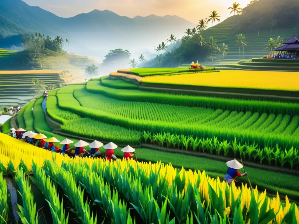 Colorido festival de la cosecha del arroz en Asia, con granjeros trabajando en arrozales bajo el sol dorado