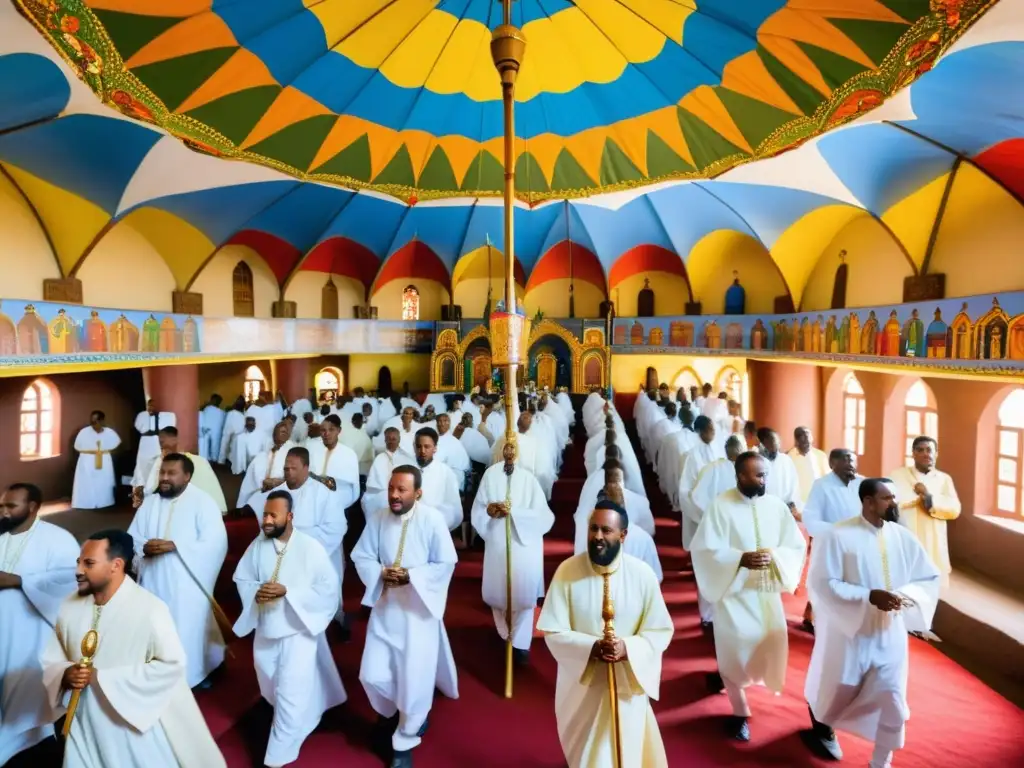 Colorido Festival Timkat ritos ortodoxos en la Iglesia Etíope Tewahedo, con pinturas religiosas y fieles en celebración