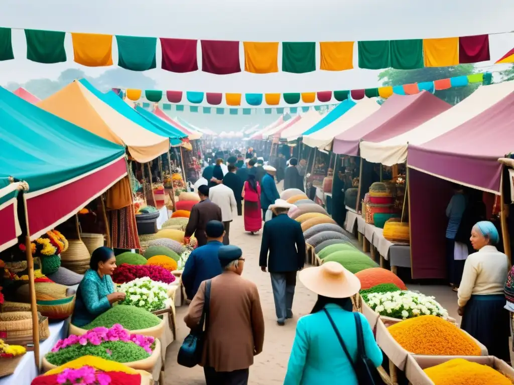 Colorido mercado durante festival religioso con artesanías y ofrendas