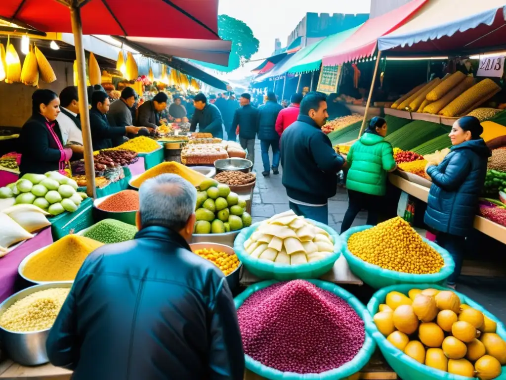 Colorido mercado en México con rituales comida festiva Año Nuevo: tamales, pozole, frutas y vegetales vibrantes