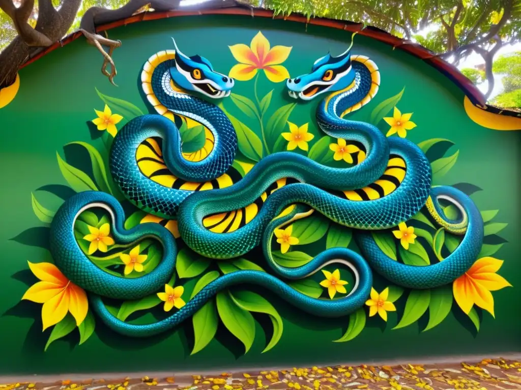 Colorido mural de cobras entrelazadas alrededor de un árbol sagrado, mientras adoradores realizan rituales en la India