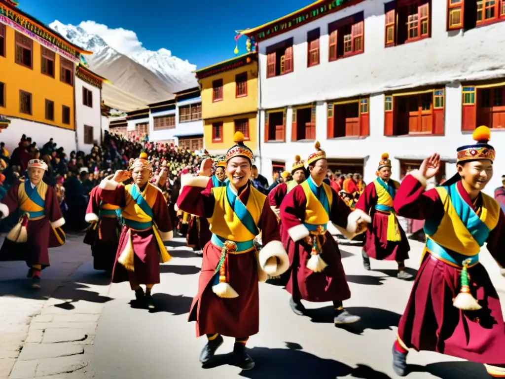 Colorido ritual de Año Nuevo Tibetano: celebración Losar con danzas, música y vestimenta tradicional en pintoresco pueblo de montaña