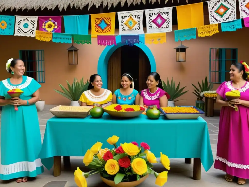 Colorido ritual de bienvenida al bebé en una cultura latinoamericana con mujeres vestidas con huipiles y rebozos, rodeadas de flores y papel picado